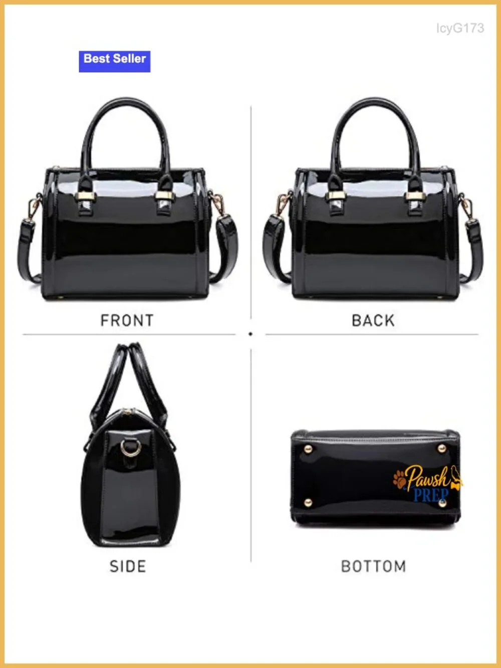 Patent Faux Leather Barrel Satchel Handbag - Detachable Shoulder Strap